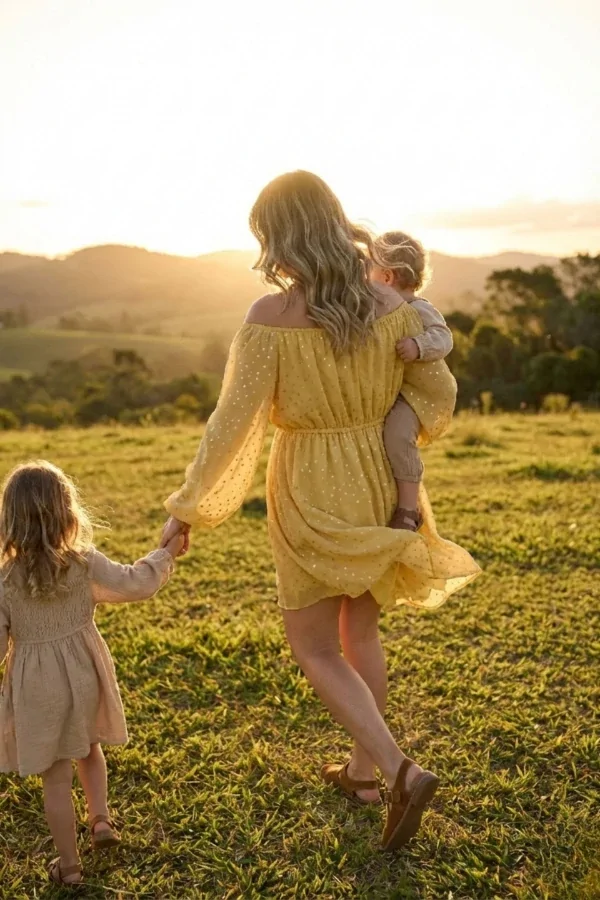 Roupas para ensaio gestante: vestido amarelo fluido em ensaio ao ar livre com pôr do sol