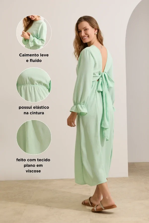 vestido soltinho para gestante longo verde claro 2 em 1, modelo fluido confortável e versátil para gravidez