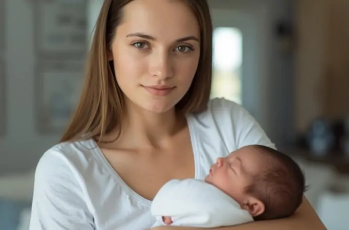Mulher com bebê recém-nascido no colo em momento de acolhimento no pós-parto, ilustrando sintomas do baby blues e tristeza pós-parto.