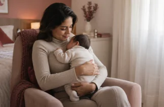 Mãe com bebê no colo em conteúdo sobre como aumentar a produção de leite materno