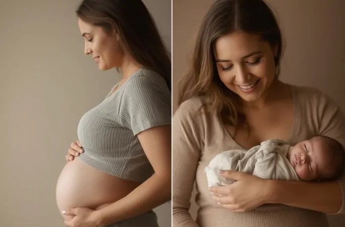 Mãe grávida acariciando a barriga ao viver uma das fases da maternidade