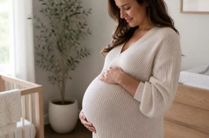 Gestante com 40 semanas de gestação acariciando a barriga no quarto do bebê.