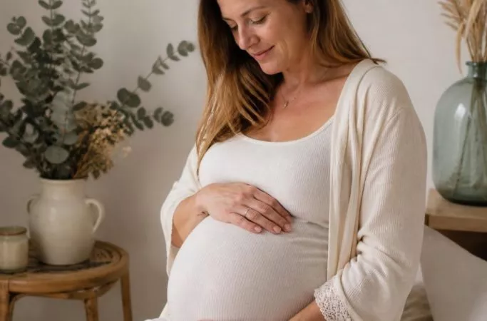 Mulher com 39 semanas de gestação segurando a barriga durante os dias antes do nascimento do bebê.