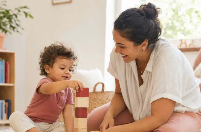 Mãe brinca com criança que empilha blocos de madeira durante uma atividade ligada aos marcos do desenvolvimento infantil.