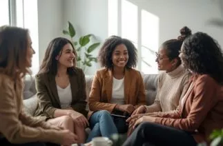 rede de apoio com mães conversando em grupo, compartilhando experiências e acolhendo umas às outras na maternidade.