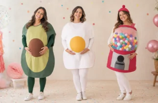 Fantasias para grávidas de abacate, ovo frito e máquina de doces colorida