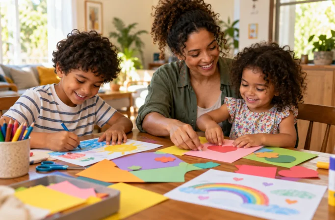 Mãe e duas crianças fazem desenhos e trabalhos com papel em casa.