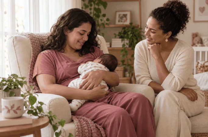 Mãe com bebê no colo recebendo apoio de outra mulher em um ambiente acolhedor.