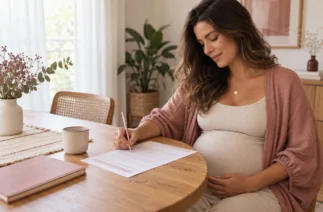 Gestante preenchendo o plano de parto que ela baixou e imprimiu