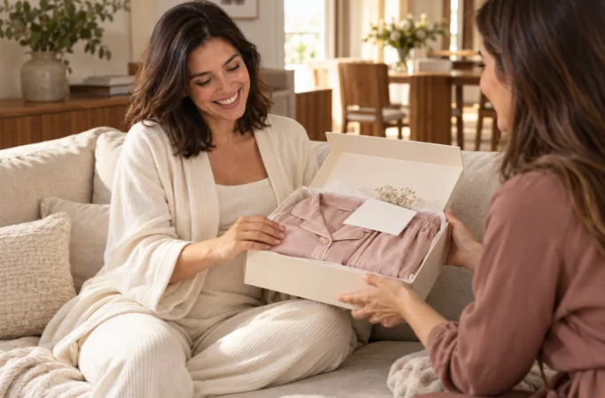 Mãe recebendo de uma amiga um presente pós-parto com pijama em uma caixa