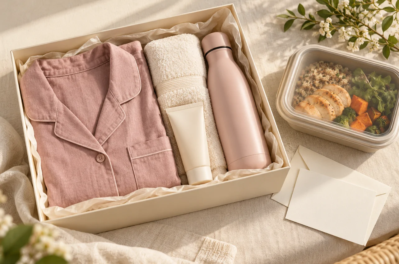 Kit de presente para mãe no pós-parto com pijama, toalha, hidratante, garrafa de água e refeição pronta