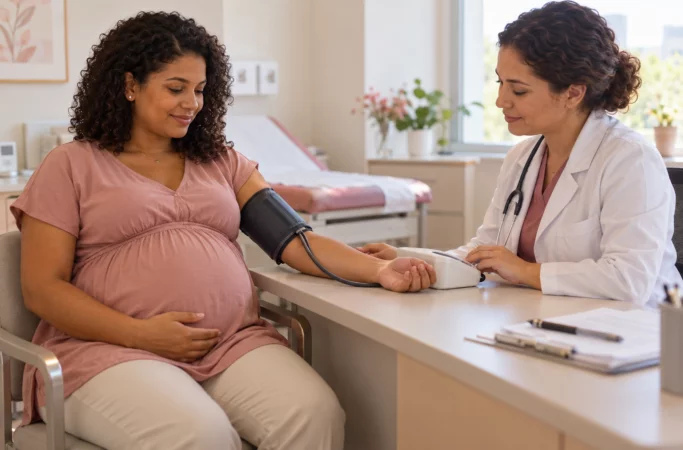 Gestante com a pressão medida por profissional de saúde durante consulta de pré-natal.