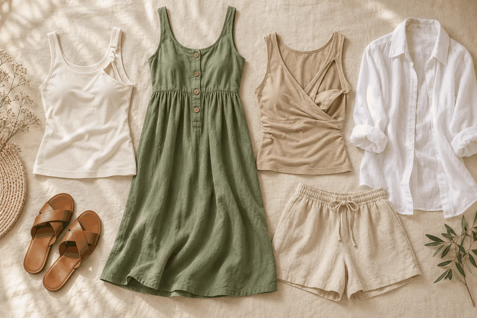 Regata, vestido com botões, top transpassado e camisa leve em combinações de verão