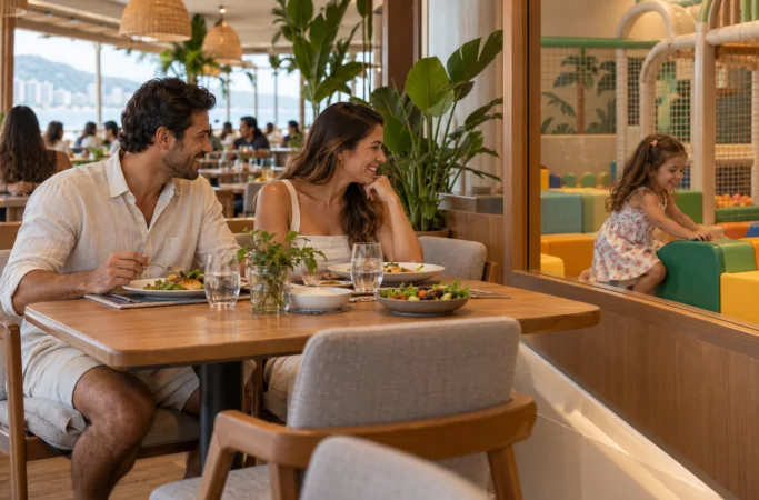 Família à mesa perto de uma área infantil, em cena ilustrativa para o guia de restaurante com espaço kids em Santos.